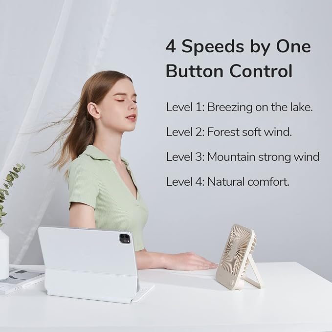 JISULIFE Small Desk Fan Battery Operated, 180° Foldable Portable Fan, 4 Speeds - Image 3