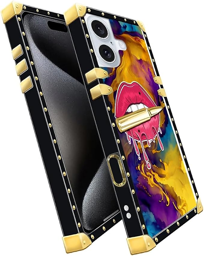 Compatible with iPhone 16 Plus Case, Cool Corlorful Lip Marble Luxury Golden - Image 2
