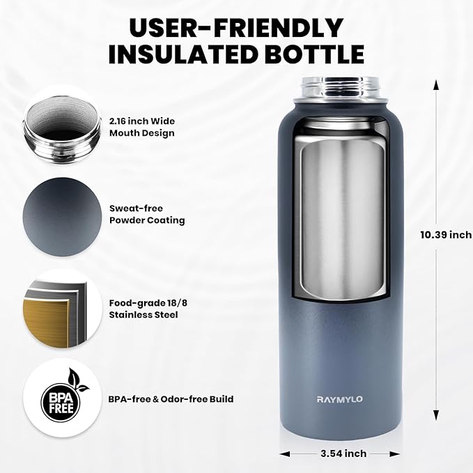 RAYMYLO Insulated Water Bottle 40 oz, Triple Wall Vacuum Stainless Steel - Image 4