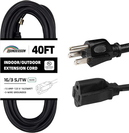 40FT Outdoor Extension Cord-16/3 SJTW Durable Black Extension Cable by HONDERSON