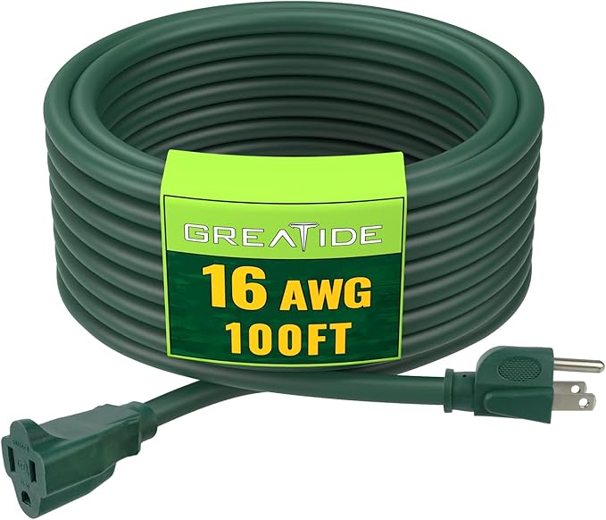 Indoor Outdoor Extension Cord 100 FT, 16/3 SJTW Weatherproof Green Electrical by GREATIDE