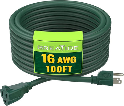 Indoor Outdoor Extension Cord 100 FT, 16/3 SJTW Weatherproof Green Electrical by GREATIDE