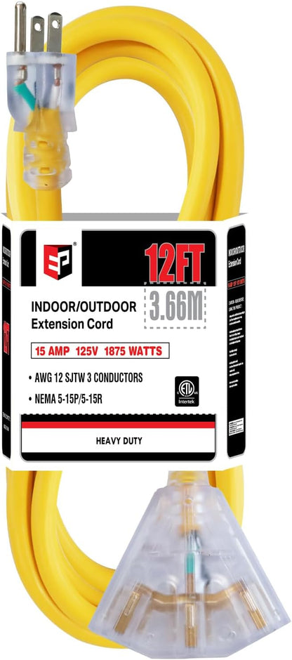 EP 12 Ft 12 Gauge Heavy Duty Extension Cord, 15A 125V 1875W, 3 Outlet by ENERGYPRO
