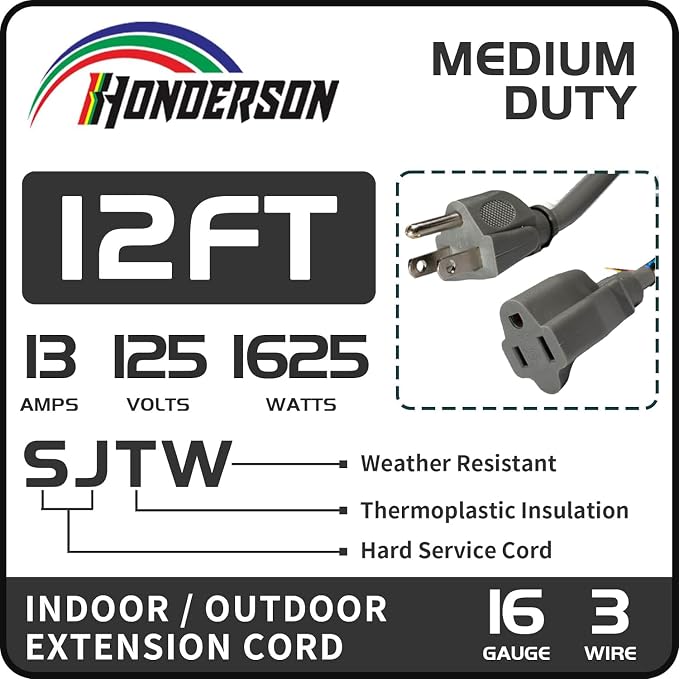 Indoor Outdoor Extension Cord Weatherproof, UL Certified, 16 Gauge 12FT Grey 3 - Image 2