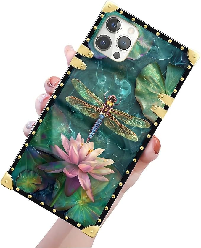 Compatible with iPhone 12 Case, Colourful Dragonfly Pink Lily Pads Luxury - Image 3