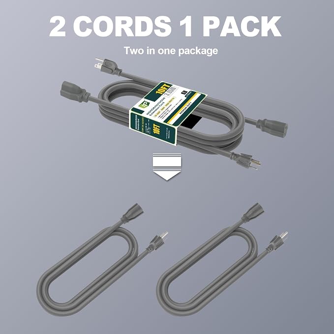 EP 2 Pack 10 Ft Outdoor Extension Cord, 16/3 SJTW Heavy Duty Power Cord - Image 3