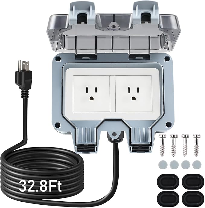 Outdoor Power Outlet Box with 32.8Ft Extension Cord, NEMA 5-15R, STW 14 AWG by ZUYIYI