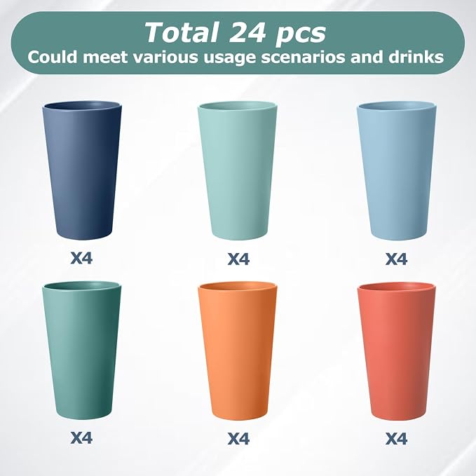 24 Pcs Unbreakable Plastic Cups Set, 20 oz Reusable Plastic Cups, Stackable - Image 3