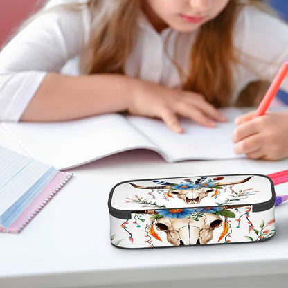 Cow Skull Pencil Holder Bag Bull Head Flowers Feathers Boho Style Pencil Case - Image 5