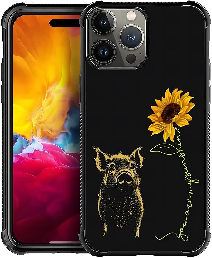 for iPhone 15 Pro Case, Pig Sunflower Yellow Sunshine Pattern Graphic Design by FKBRCL4U