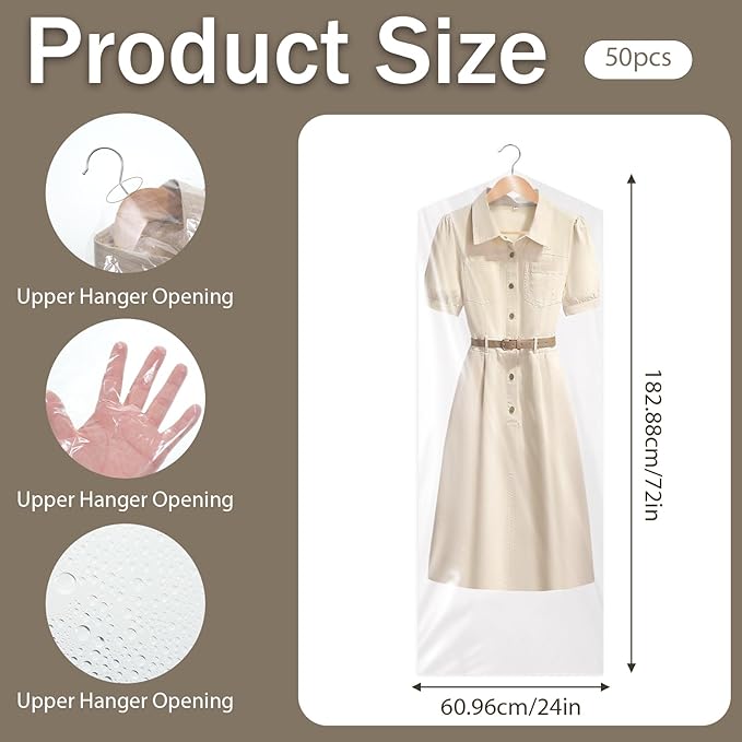 50 Pack 71 Inch Clear Plastic Garment Bag, Extra Long Dry Cleaning Bag - Image 2