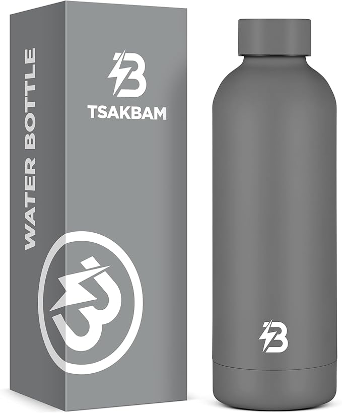 Insulated Water Bottle with Lid, 17 oz Reusable Leak-Proof Metal Stainless by TSAKBAM