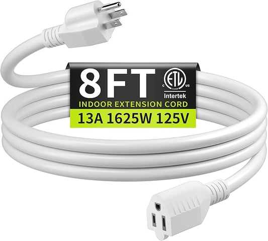 16/3 White Extension Cord 8 FT, Indoor Extension Cord by Seeklyze