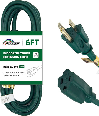 6FT Outdoor Extension Cord-16/3 SJTW Durable Green 3 Prong Grounded Plug Power by HONDERSON