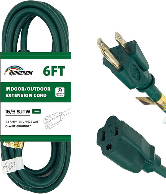 6FT Outdoor Extension Cord-16/3 SJTW Durable Green 3 Prong Grounded Plug Power by HONDERSON