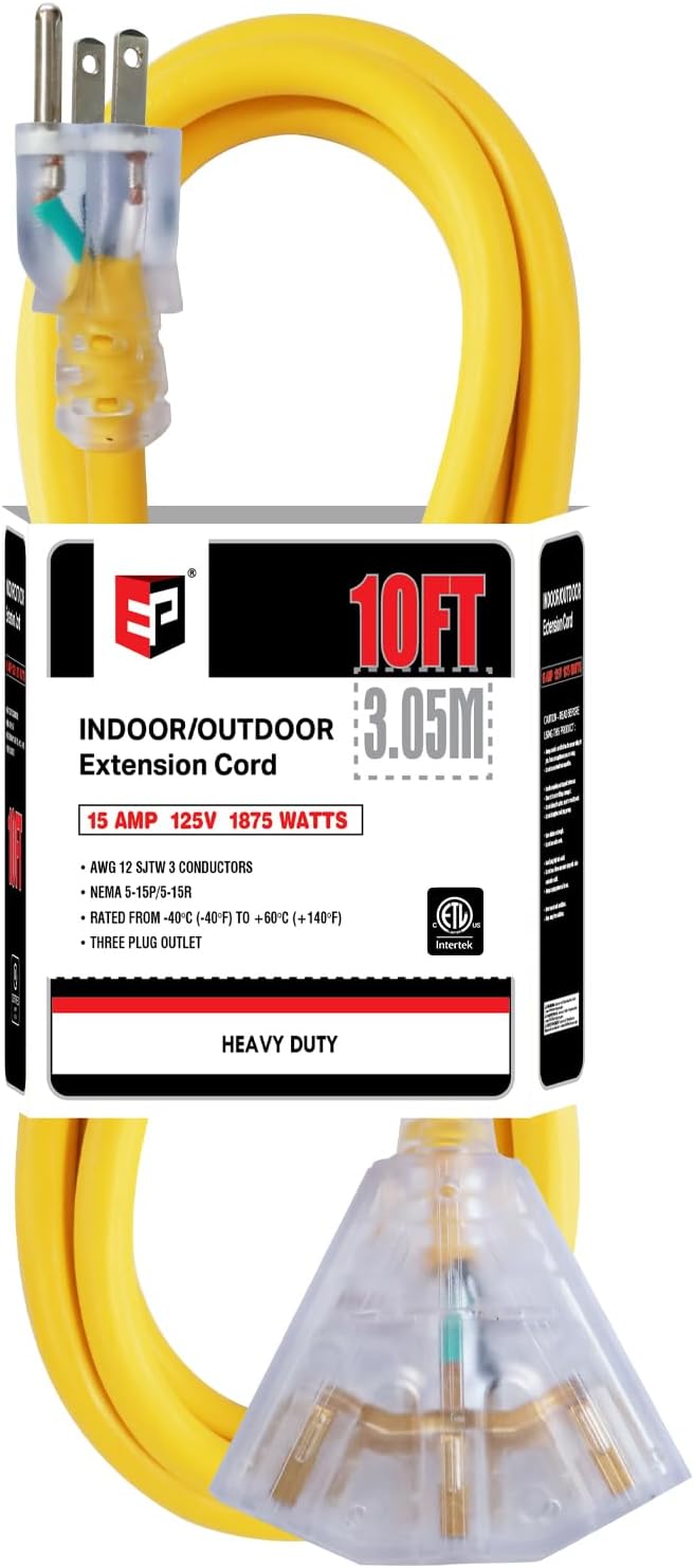 EP 10 Ft 12 Gauge Heavy Duty Extension Cord, 15A 125V 1875W, 3 Outlet by ENERGYPRO