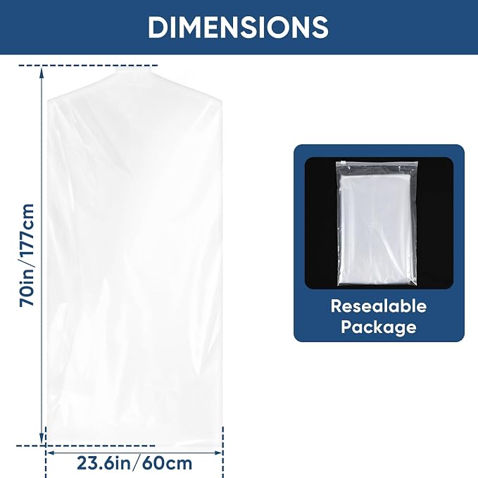 50 Pack 23.6"x70" Garment Bags for Hanging Clothes, Thick Clear Plastic Dry - Image 2