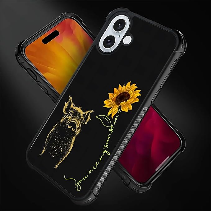 for iPhone 16 Plus Case, Pig Sunflower Yellow Sunshine Pattern Graphic Design - Image 5