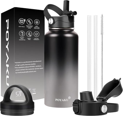 Water Bottle Insulated 32oz 40oz 64oz 128oz Straw Lid Spout Lid & 3 Lids by POYAKU