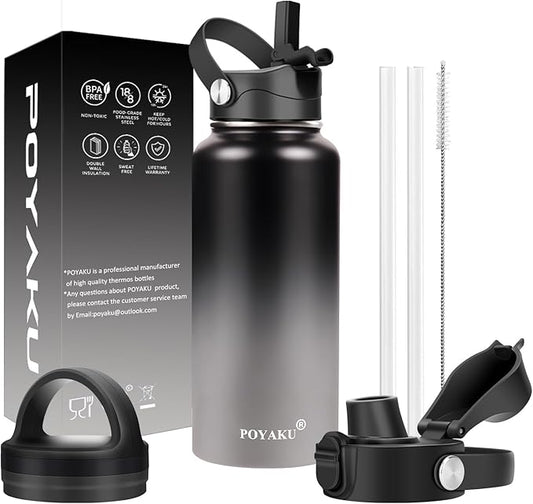 Water Bottle Insulated 32oz 40oz 64oz 128oz Straw Lid Spout Lid & 3 Lids by POYAKU