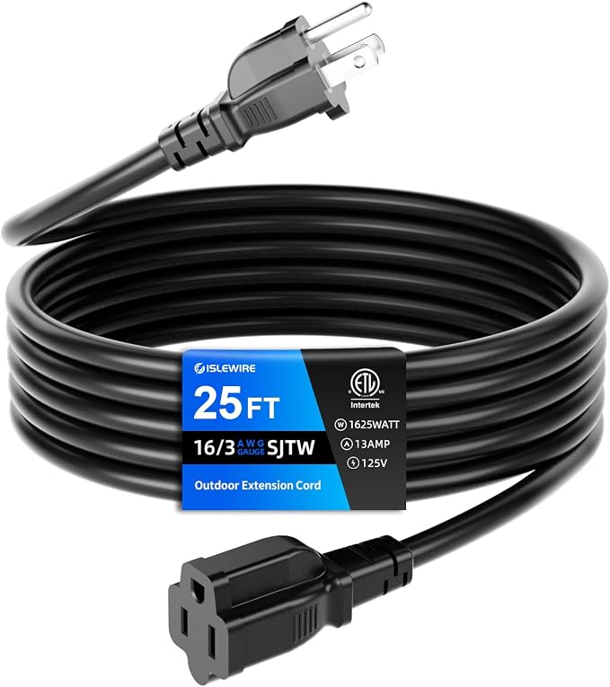 25 FT Outdoor Extension Cord Waterproof, 3-Prong Power Cord, 16 AWG SJTW by ISLEWIRE