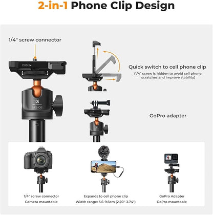 K&F CONCEPT 62'' Phone Selfie Stick Tripod, 2-in-1 Extendable Cell Phone Tripod - Image 3