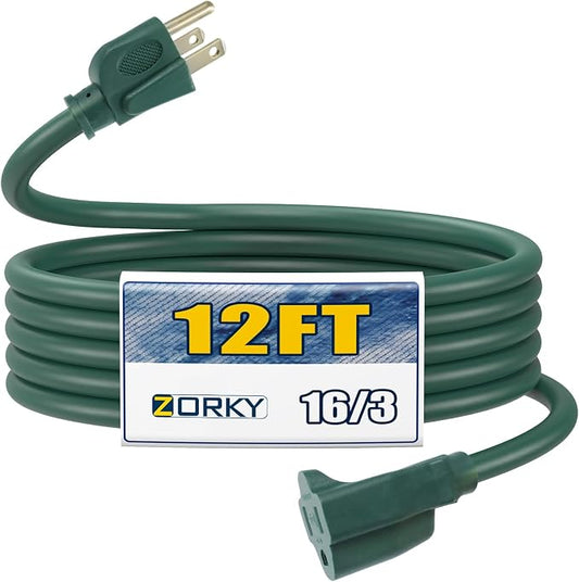 12ft Outdoor Extension Cord for Christmas Decorations- 16/3 Heavy Duty SJTW by Zorky