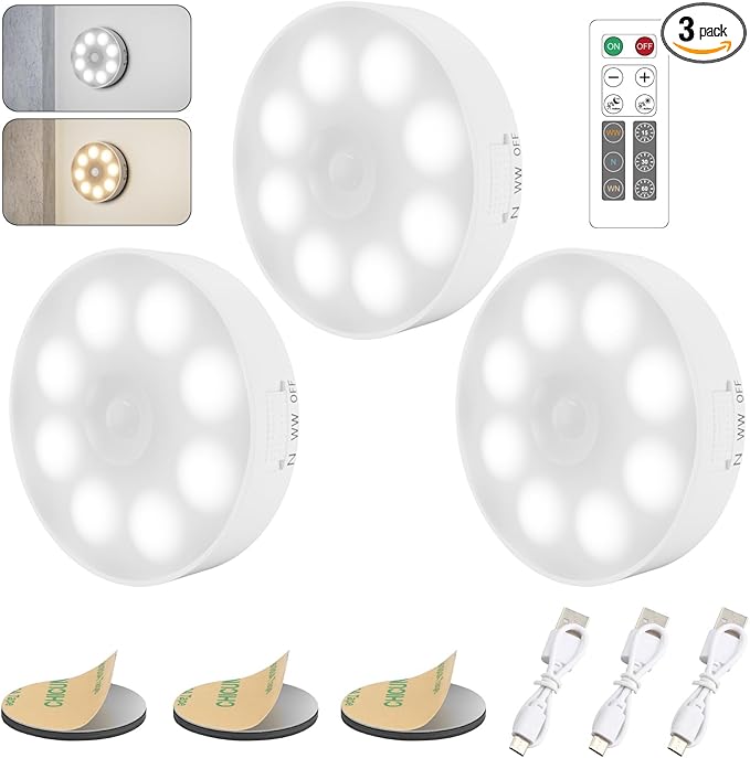 16 LEDs Under Cabinet Lights, 3 Pack Wireless Motion Sensor Rechargeable Light by Electight