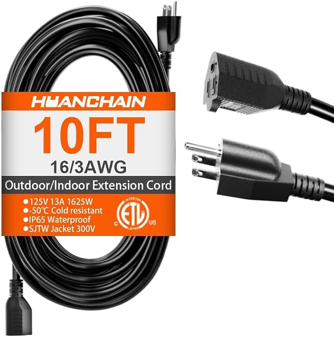 HUANCHAIN 10 FT 16 Gauge Black Indoor Outdoor Extension Cord Waterproof by huanchain