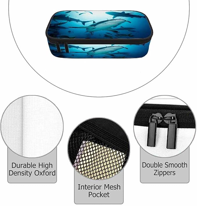 Sharks Pencil Case Organizer Ocean Sea Fish Light Blue Stationery Box Makeup - Image 3