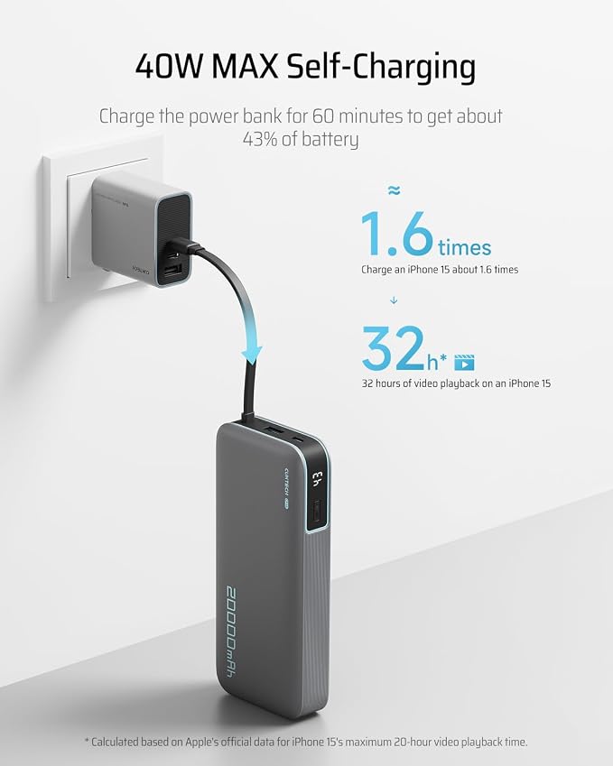 CUKTECH 45W Power Bank 20000mAh, Portable Travel Charger Built-in USB C Cable - Image 7