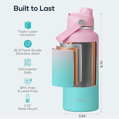 BUZIO 32 oz Water Bottle Insulated, Leakproof Stainless Steel Flask, Wide Mouth - Image 4