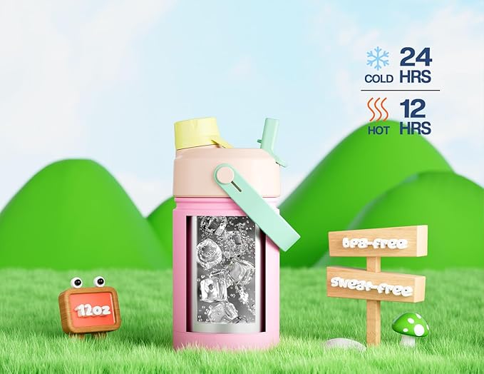 12 oz Kids Steel Water Bottle for School: 2-in-1 Straw Spout Lid, Cold 24H - Image 3