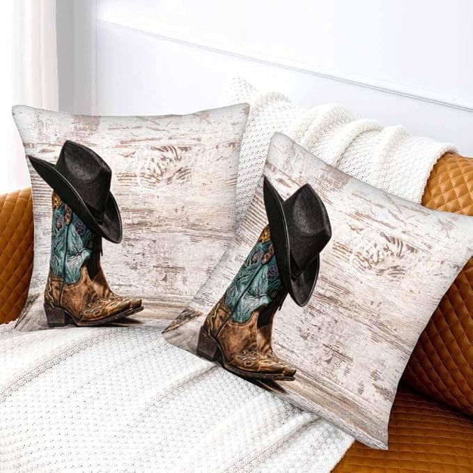 Western Cowboy Embroidered Boots Hat 18x18 Throw Pillow Covers Set of 2 - Image 2