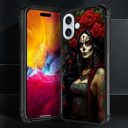 for iPhone 16 Case, Day of The Dead Halloween Woman Pattern Graphic Design Girl - Image 2