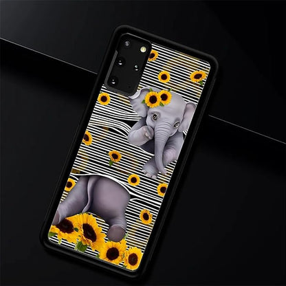 for Samsung Galaxy S20 Plus Case, Cute Little Elephant Sunflower White Line Art - Image 2