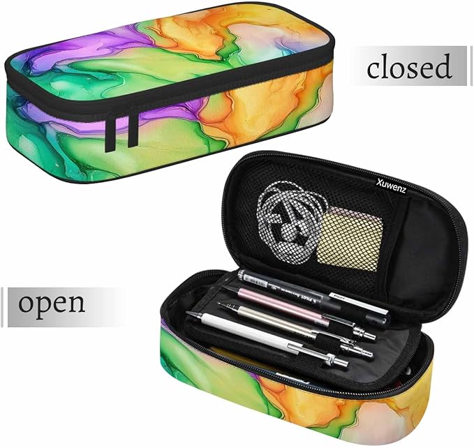 Abstract Print Pencil Case Colorful Fluid Waves Golden Swirls Pencil Bag Pouch - Image 7
