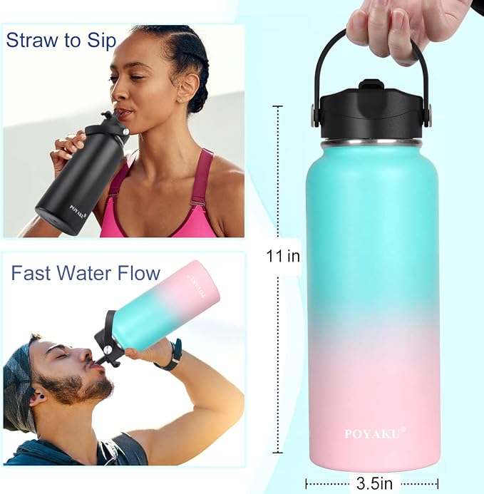 Water Bottle Insulated 32oz 40oz 64oz 128oz Straw Lid Spout Lid & 3 Lids - Image 3
