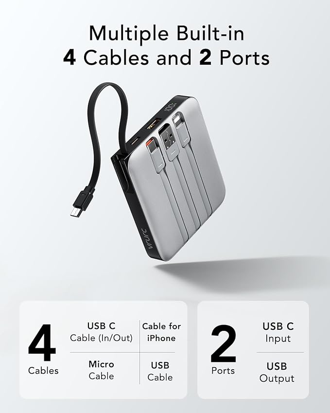 VRURC Portable Charger with Built-in Cable, 10000mAh 22.5W Fast Charging USB C - Image 2