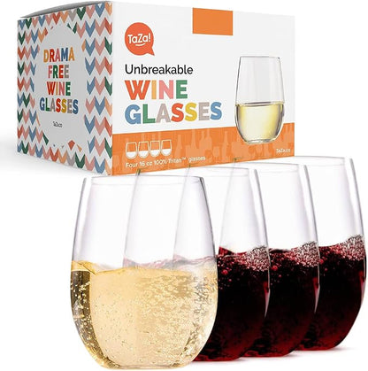 TaZa Outdoor Wine Glasses Stemless, 16oz Set of 4, Unbreakable Tritan Plastic by Unknown