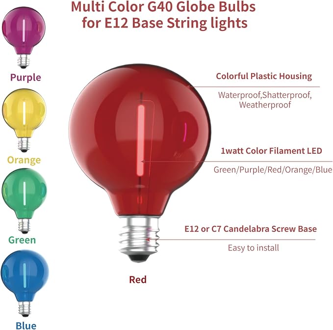 Meconard 25 Pack G40 Colored LED String Light Bulbs, E12/C7 Candelabra Base - Image 3