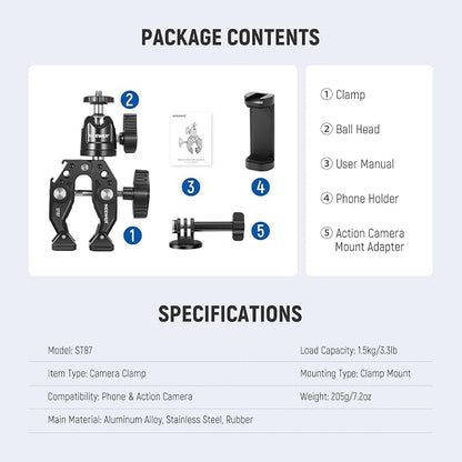 Neewer Super Clamp with Ballhead, Cold Shoe, Phone Holder and Action Camera - Image 8