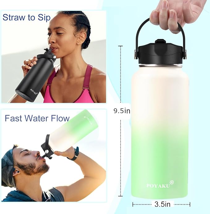 Water Bottle Insulated 32oz 40oz 64oz 128oz Straw Lid Spout Lid & 3 Lids - Image 3