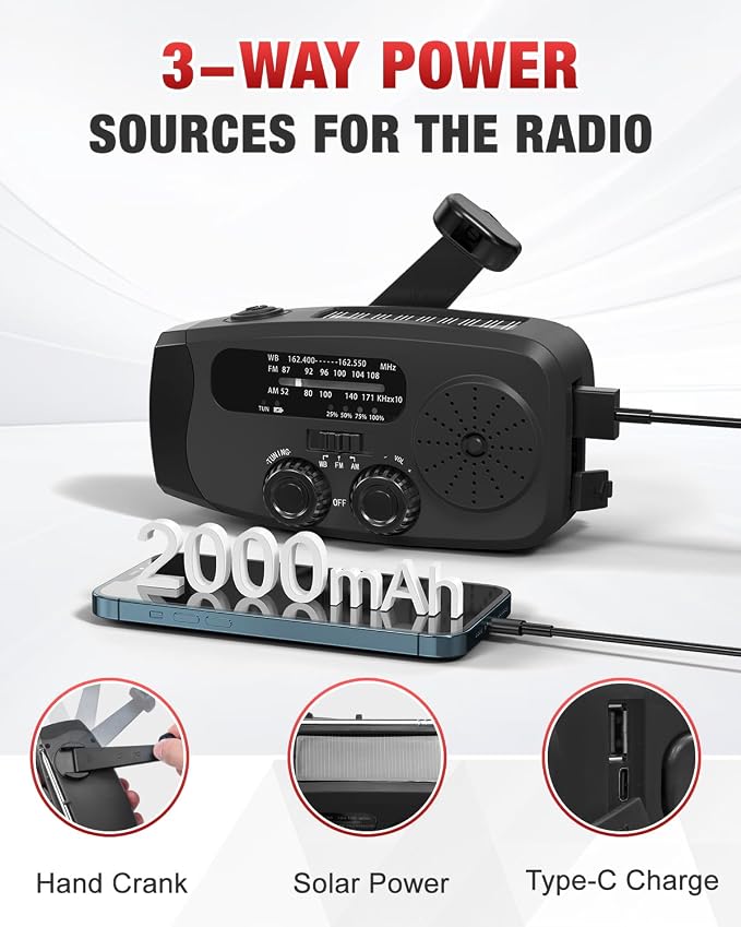 Emergency Hand Crank Radio Emgykit - 2000mAh/7400mWh AM/FM/NOAA Solar Hand - Image 6