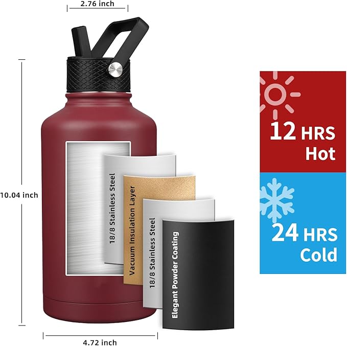 Insulated Water Bottle 64oz, Triple Wall Vacuum Stainless Steel, Leak Proof & - Image 2