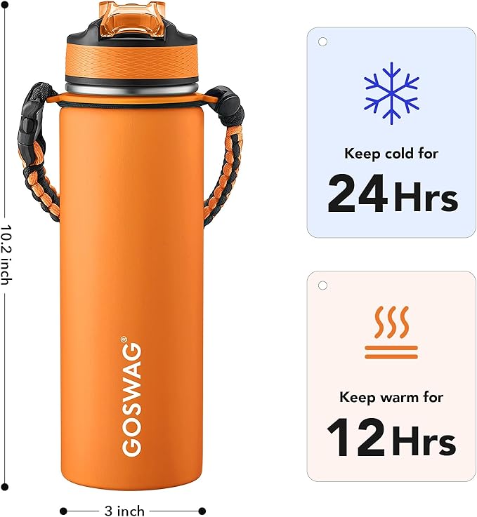 GOSWAG Insulated Sports Water Bottle, 24oz 2 Lids, Stainless Steel Water Bottles - Image 2