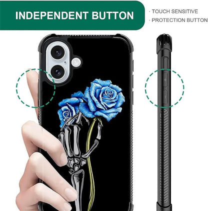 for iPhone 16 Case, Skeleton Holding Blue Rose Pattern Graphic Design Girl Boy - Image 5