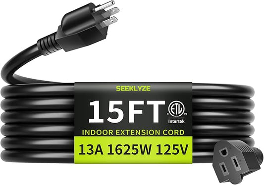 16/3 Black Extension Cord 15 FT Indoor, Short Extension Cord by Seeklyze