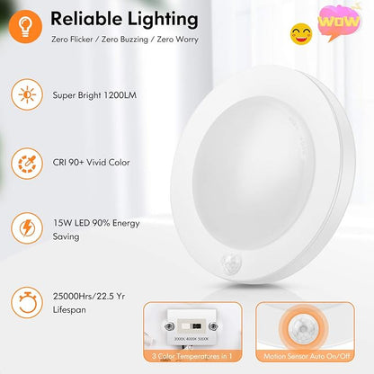 Motion Sensor LED Ceiling Light, 15W & 1200LM, 3 Colors in 1, 7.5inch Flush - Image 6