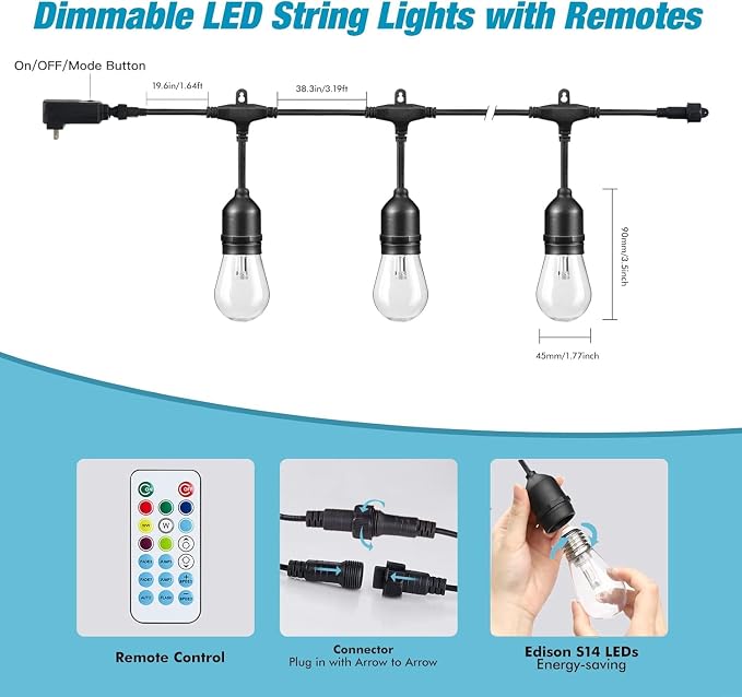 Auroraworld 48FT RGB Outdoor String Lights, Dimmable Color Changing Waterproof - Image 6